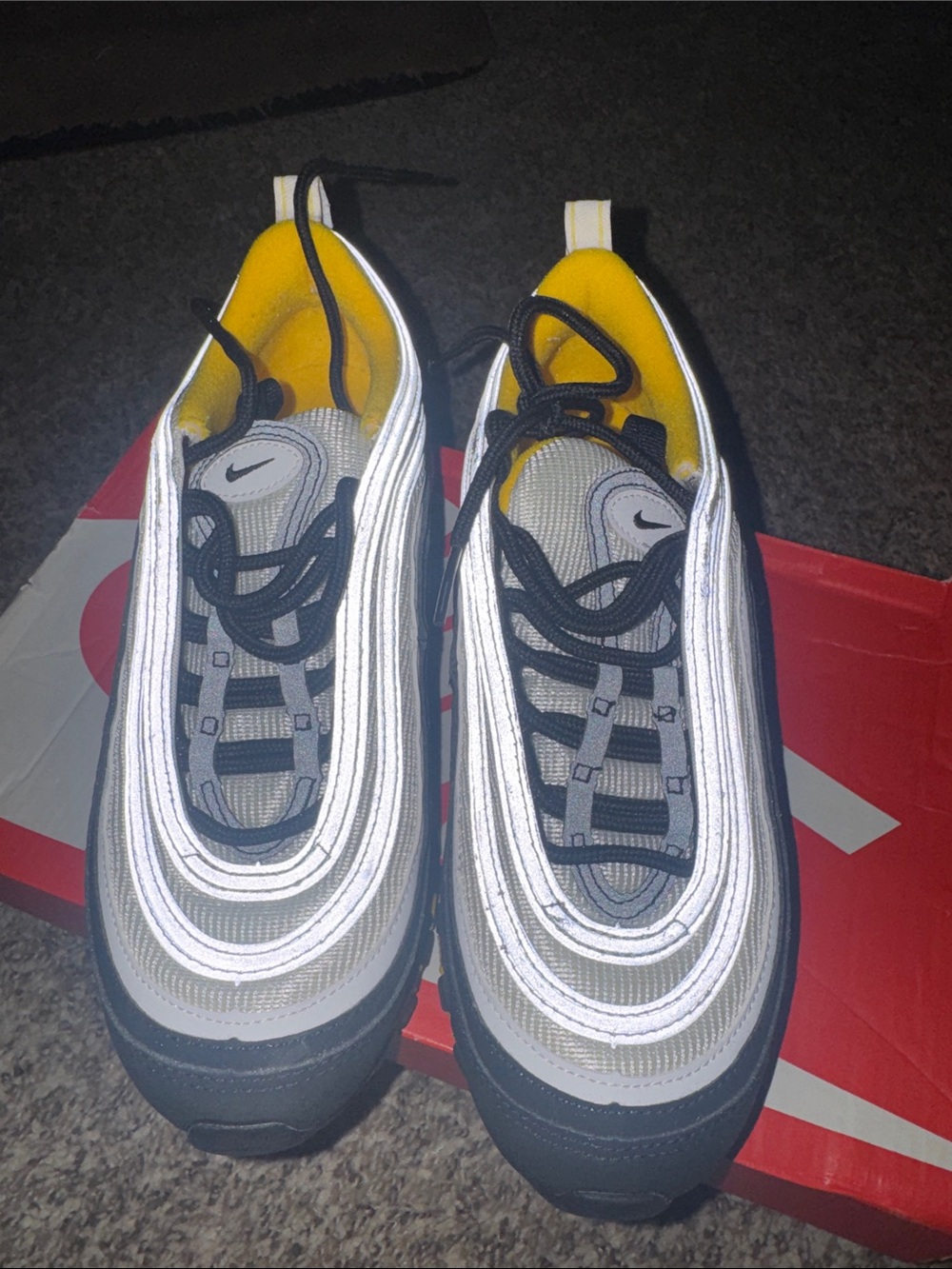 Nike Air Max 97 Silver Reflective & Yellow Lined Sneakers